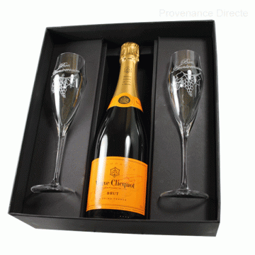 coffret Anniversaire N°1 Champagne Veuve Clicquot 2 flûtes Décor grappe de raisin